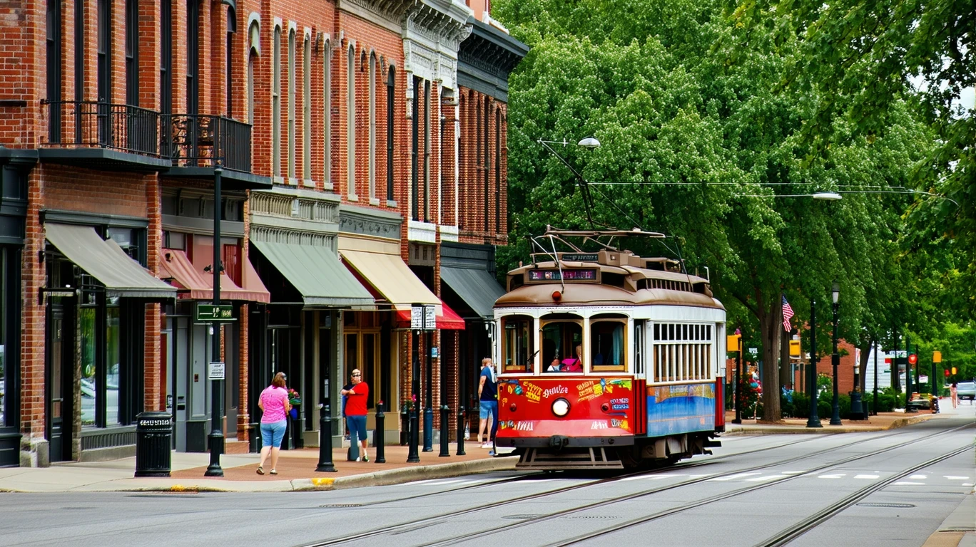 A red and blue trolley car turns onto a tree-lined downtown street with brick storefronts in Indianapolis.