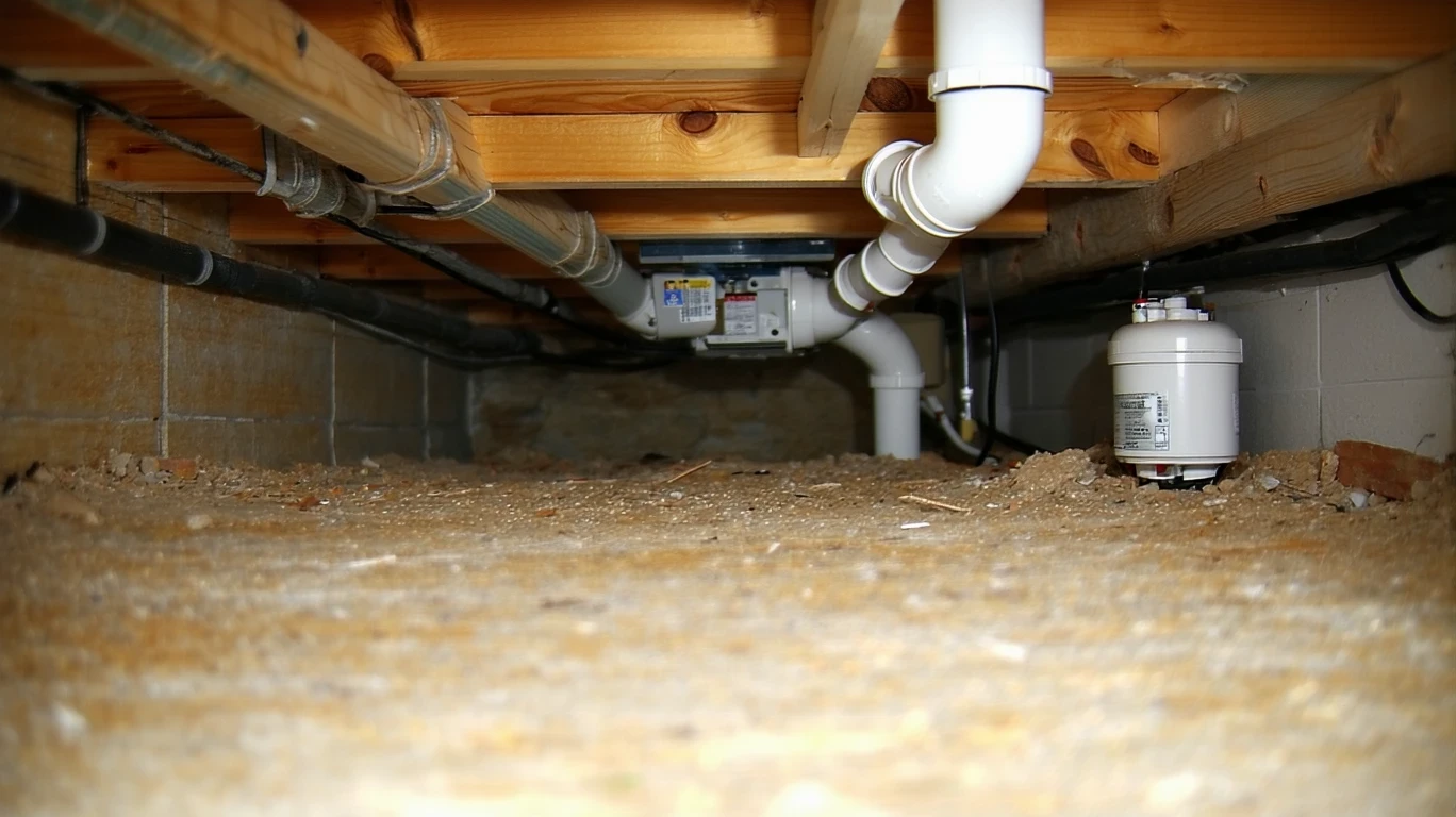 A water meter and piping under a sink, lit by dim utility light.