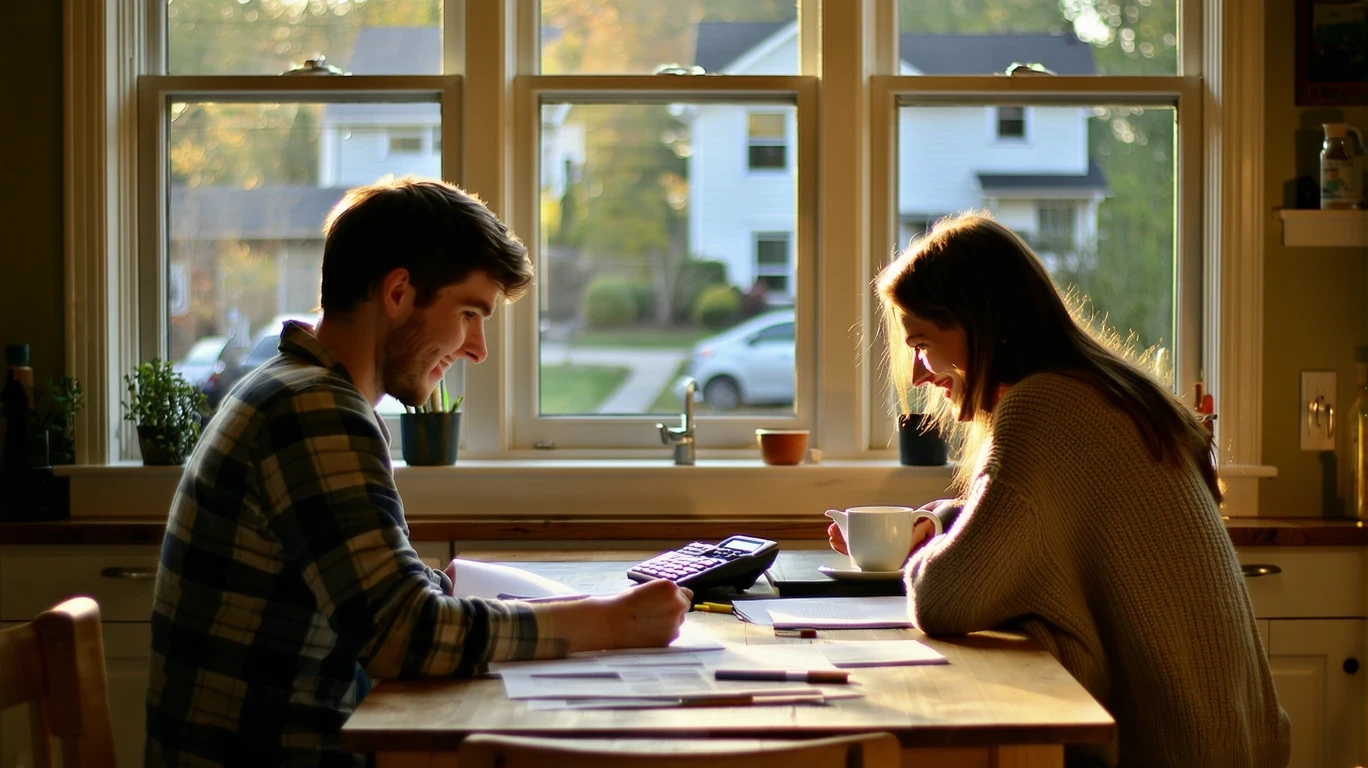 A couple reviews their monthly budget at a kitchen table in the evening light.