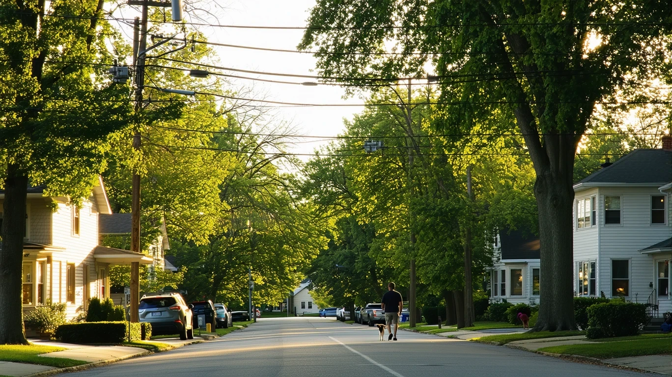 A sunlit residential street in Indianapolis lined with maple trees and tidy homes.