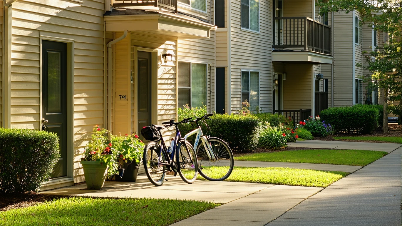 A row of tidy apartment units with potted plants and bicycles in Johns Creek, Georgia.