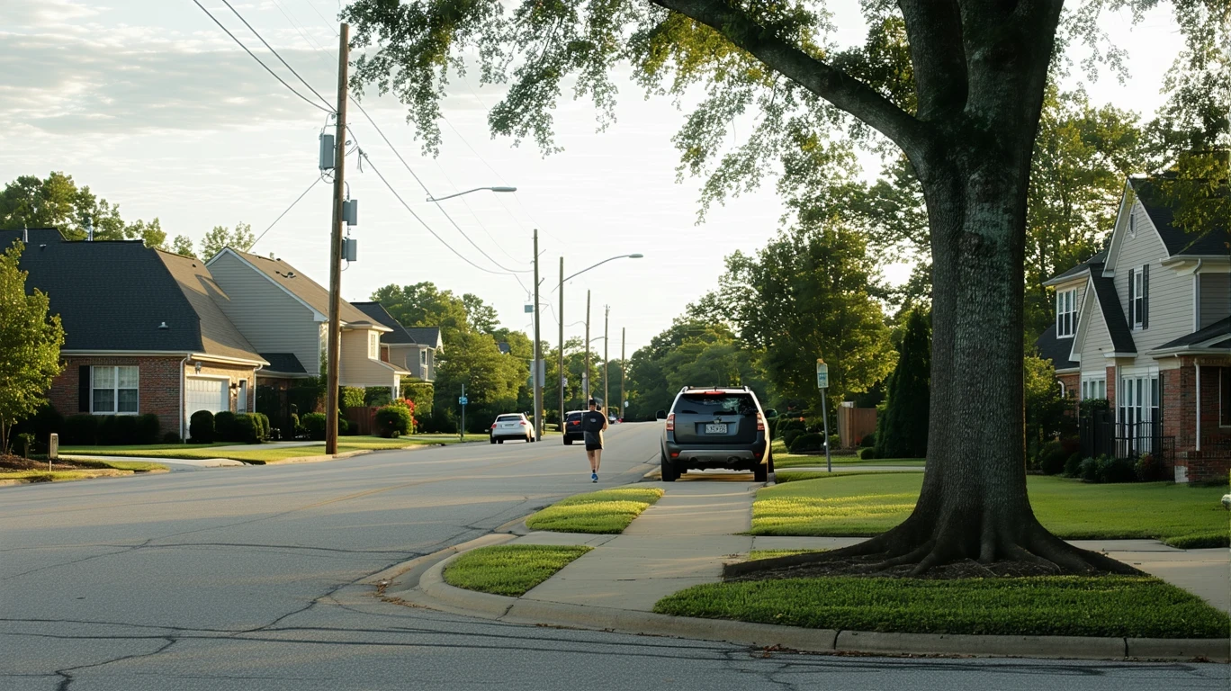 A residential street corner in Johns Creek, Georgia with homes, a parked car, and a pedestrian.