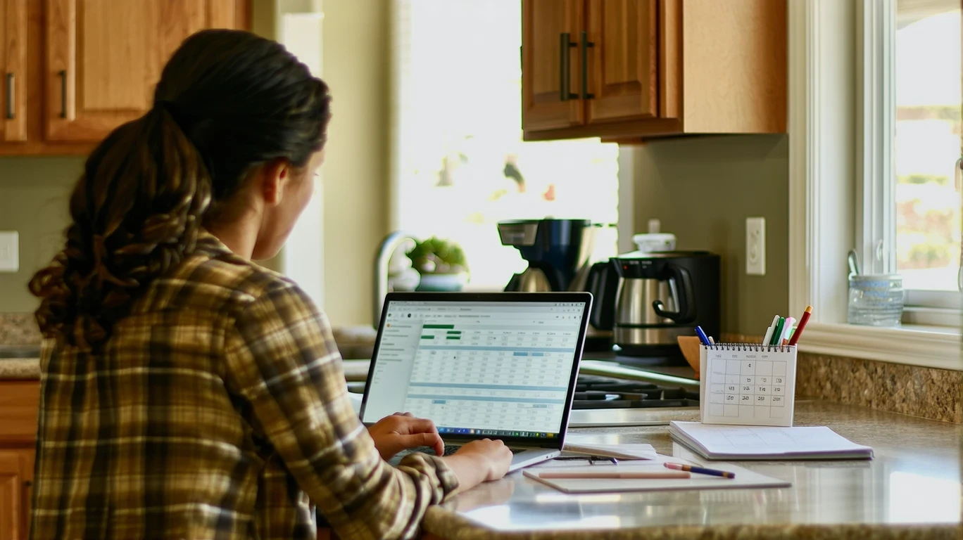 A single parent reviews household expenses on a laptop at their kitchen counter in Johns Creek, Georgia.