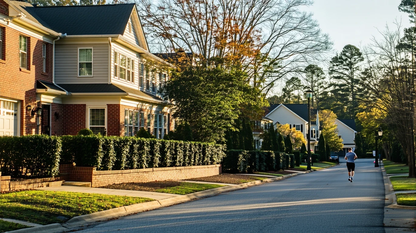 Suburban cul-de-sac in Johns Creek, Georgia on a sunny morning with brick wall, native plants, and jogger in the distance.