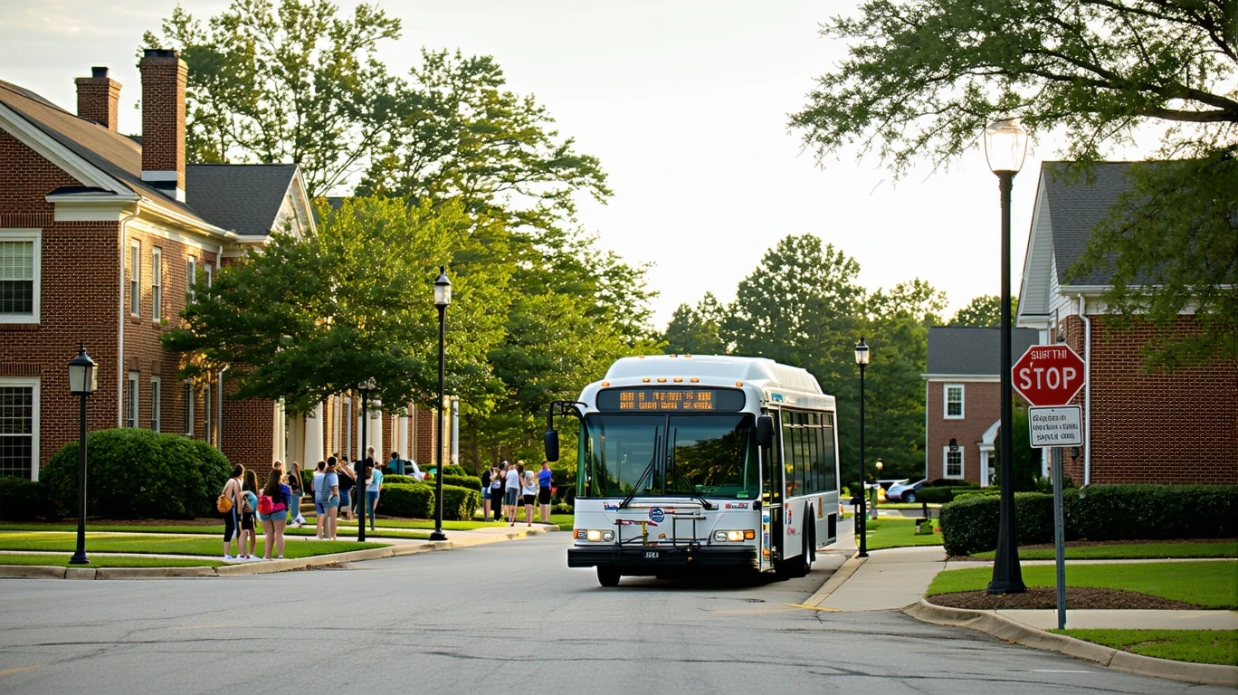A campus shuttle stop with a bus and waiting students in Johns Creek, Georgia.