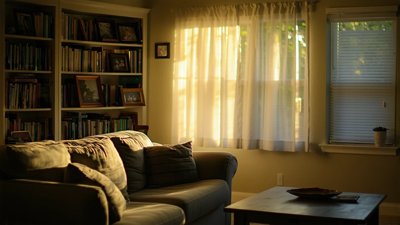 A cozy living room in Johns Creek, Georgia with soft light, a couch, and a bookshelf.