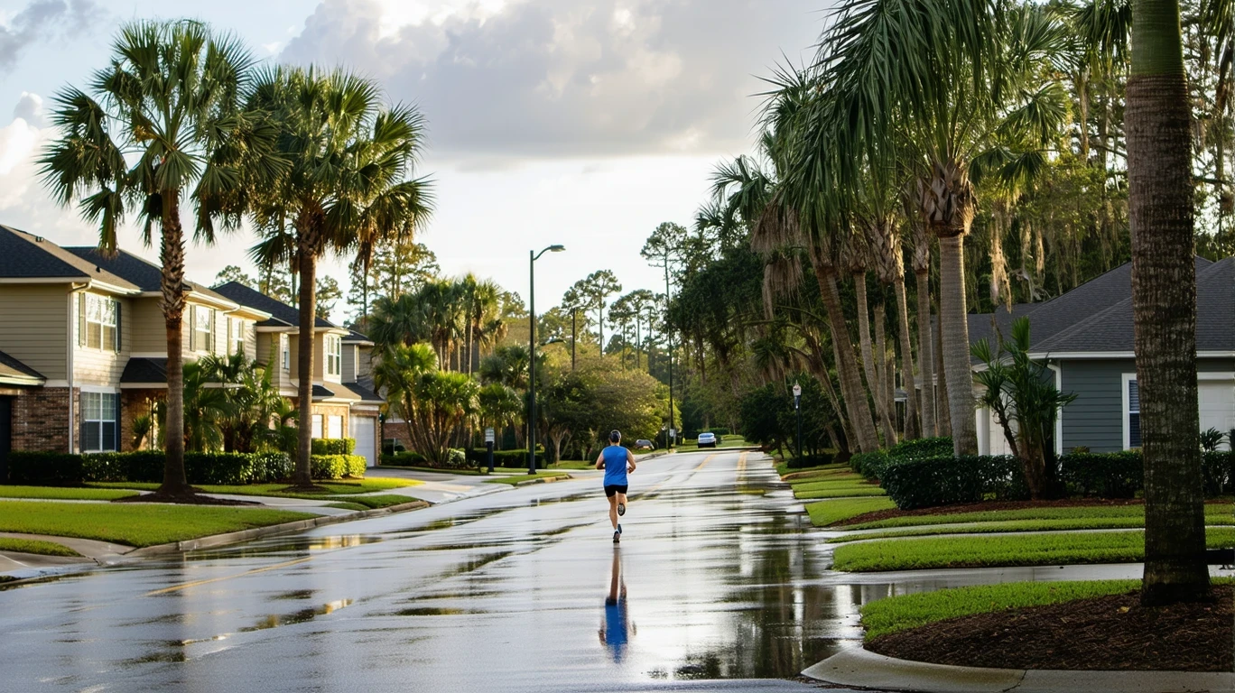 A palm-lined avenue in Johns Creek after rain, with a jogger on the sidewalk and sunlight on single-story homes.