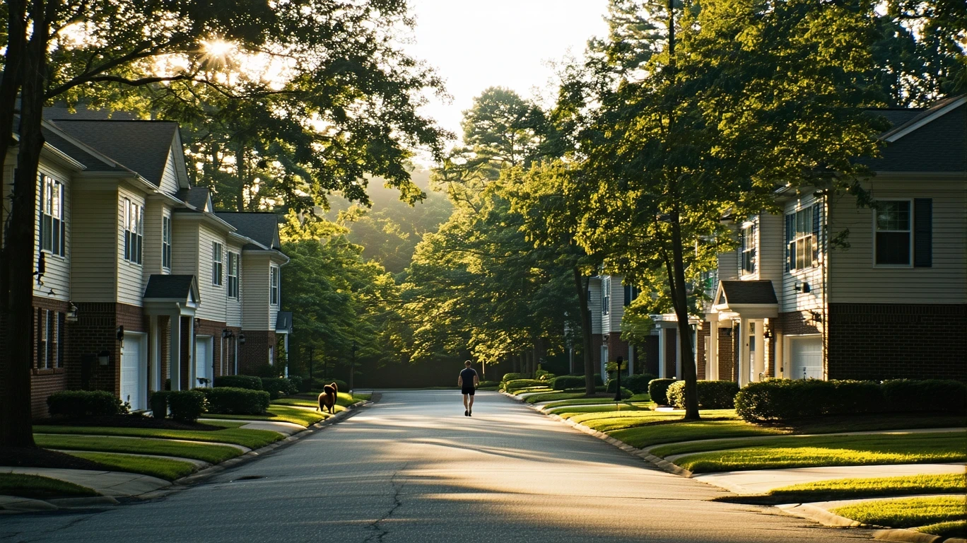 A tree-lined residential street in Johns Creek, Georgia in the early morning light, with one-story homes and a person walking a dog.