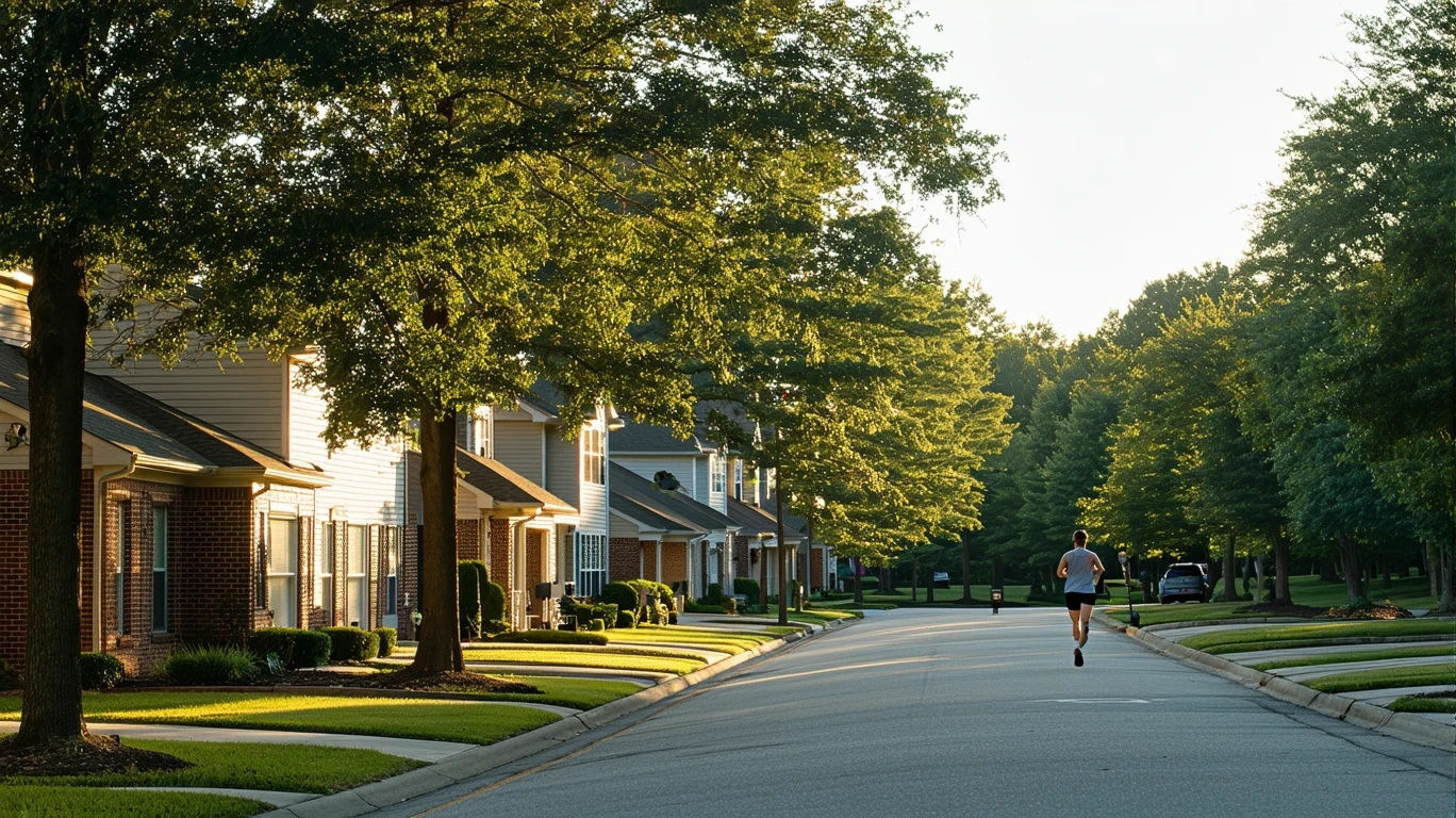 A tree-lined residential street in Johns Creek, GA with one-story homes and a jogger in the early morning light.