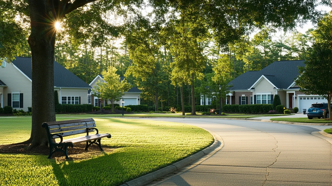 A sunlit neighborhood park in Johns Creek with a path, bench, and surrounding homes.