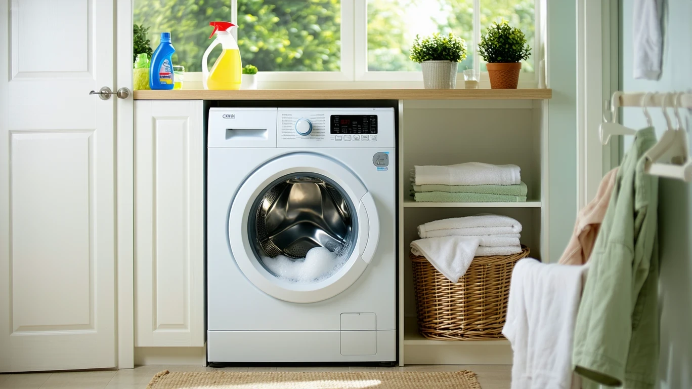 Top-loading washing machine in cycle with open lid and detergent bottle on laundry shelf.