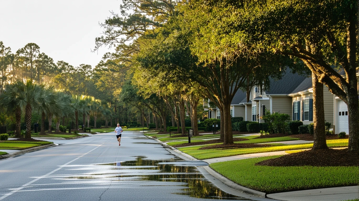 A tree-lined suburban street in Johns Creek, Georgia with puddles reflecting palm trees after a rain shower. A jogger runs along the sidewalk past well-kept homes.