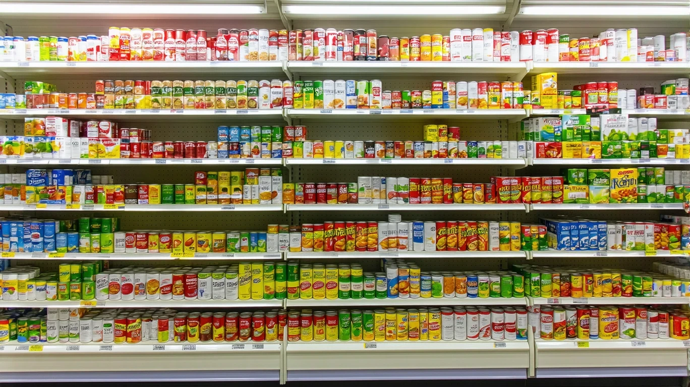 Shelf of neatly arranged generic canned goods in a small grocery store.