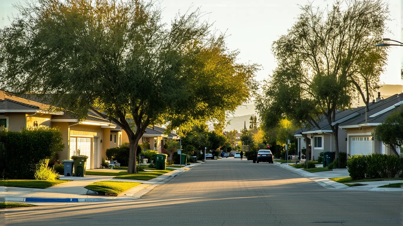 Quiet residential street in Jurupa Valley at sunrise, man watering plants on porch