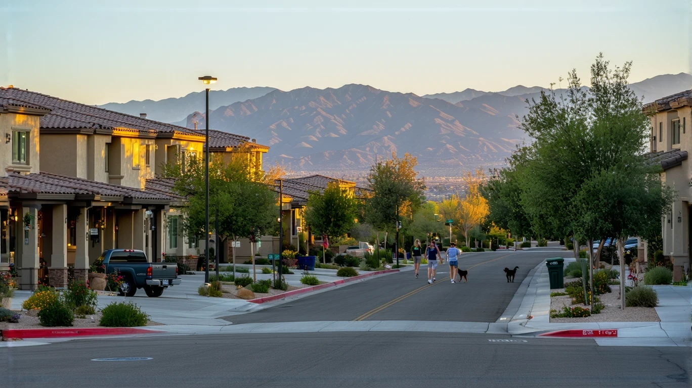 Murrieta neighborhood stores at dusk, couple walking dog on sidewalk