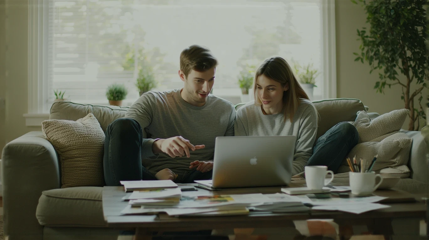 A couple discusses their monthly budget while looking at a laptop on their living room couch.