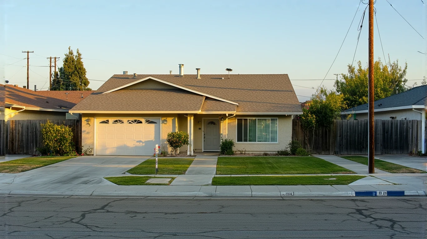 A modest home on a residential corner with patchy grass, an older car parked on the curb, and power lines overhead.