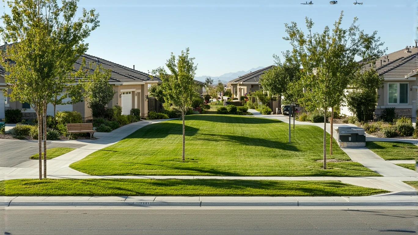 A tidy neighborhood park with a path and bench, viewed from across a suburban street in Jurupa Valley, California