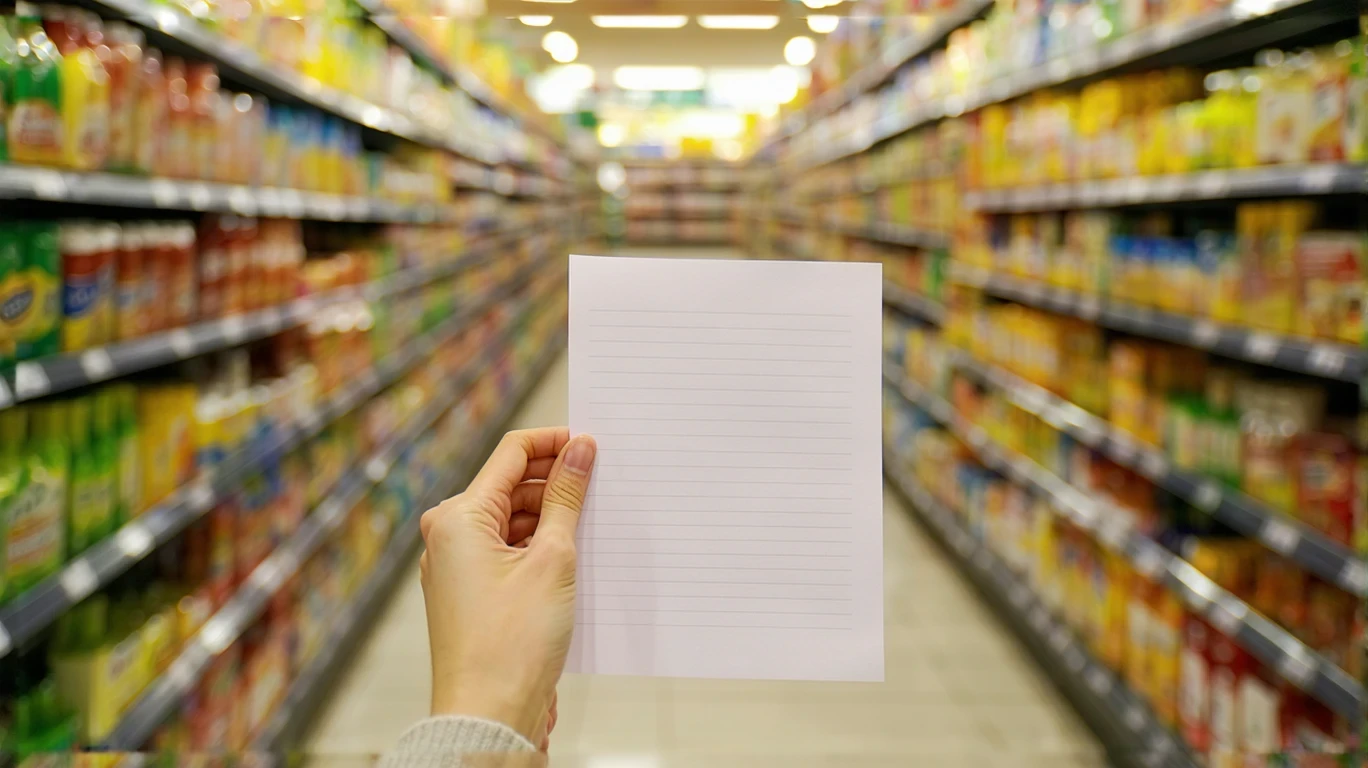 A person's hand holding a grocery list in front of a supermarket dry goods aisle