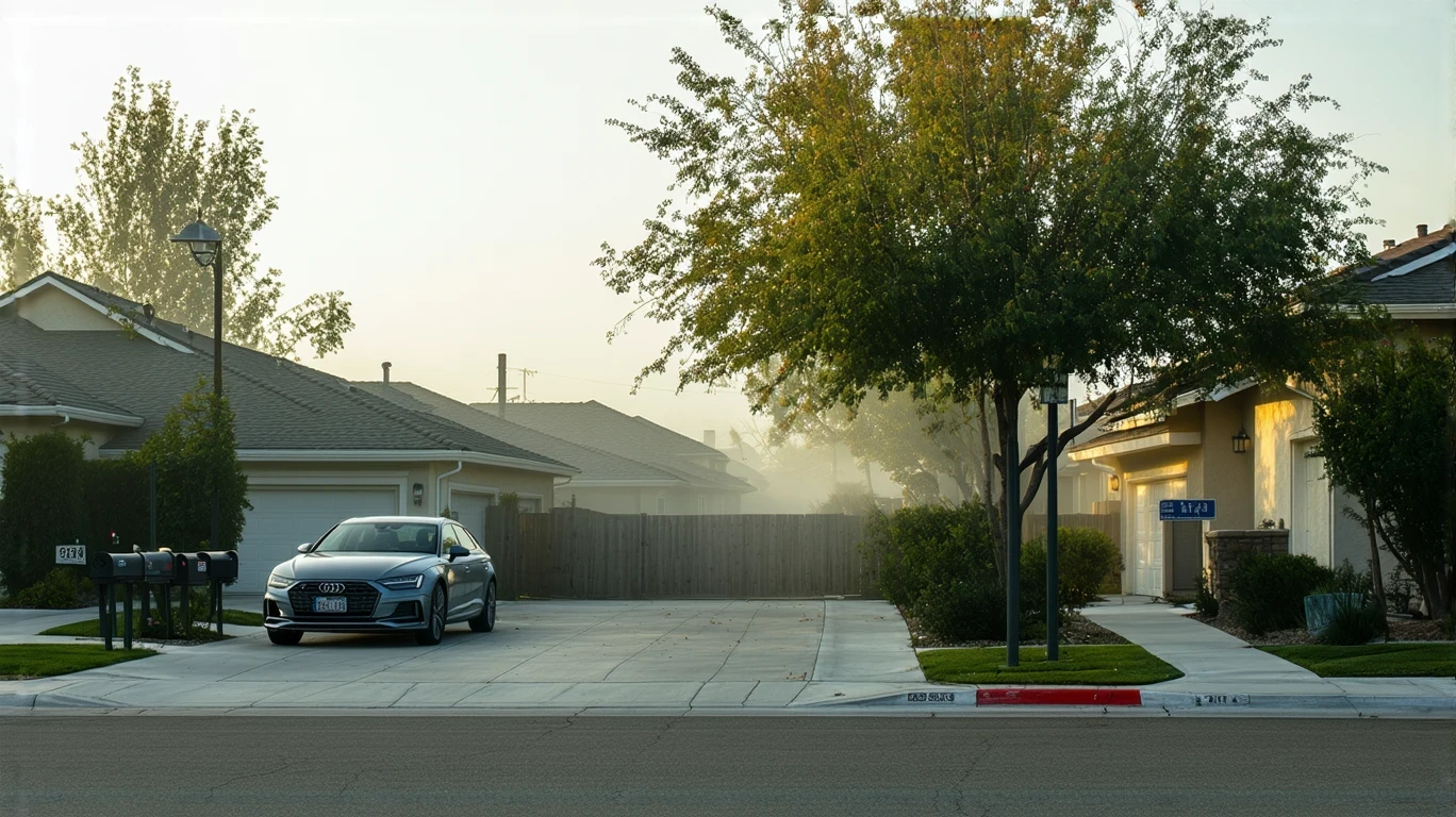 A misty suburban street in Jurupa Valley with mailboxes, an old car, and a ranch home.