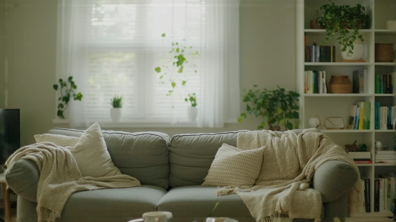 A small, sunlit living room in a Riverside home with a couch and bookshelf.