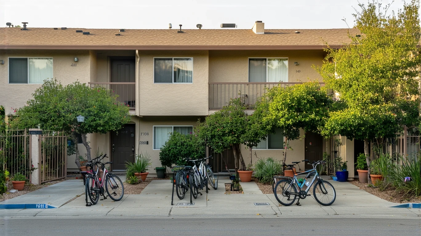 Exterior view of a small tan apartment building with red tile roof, potted plants and two bicycles outside unit doors.