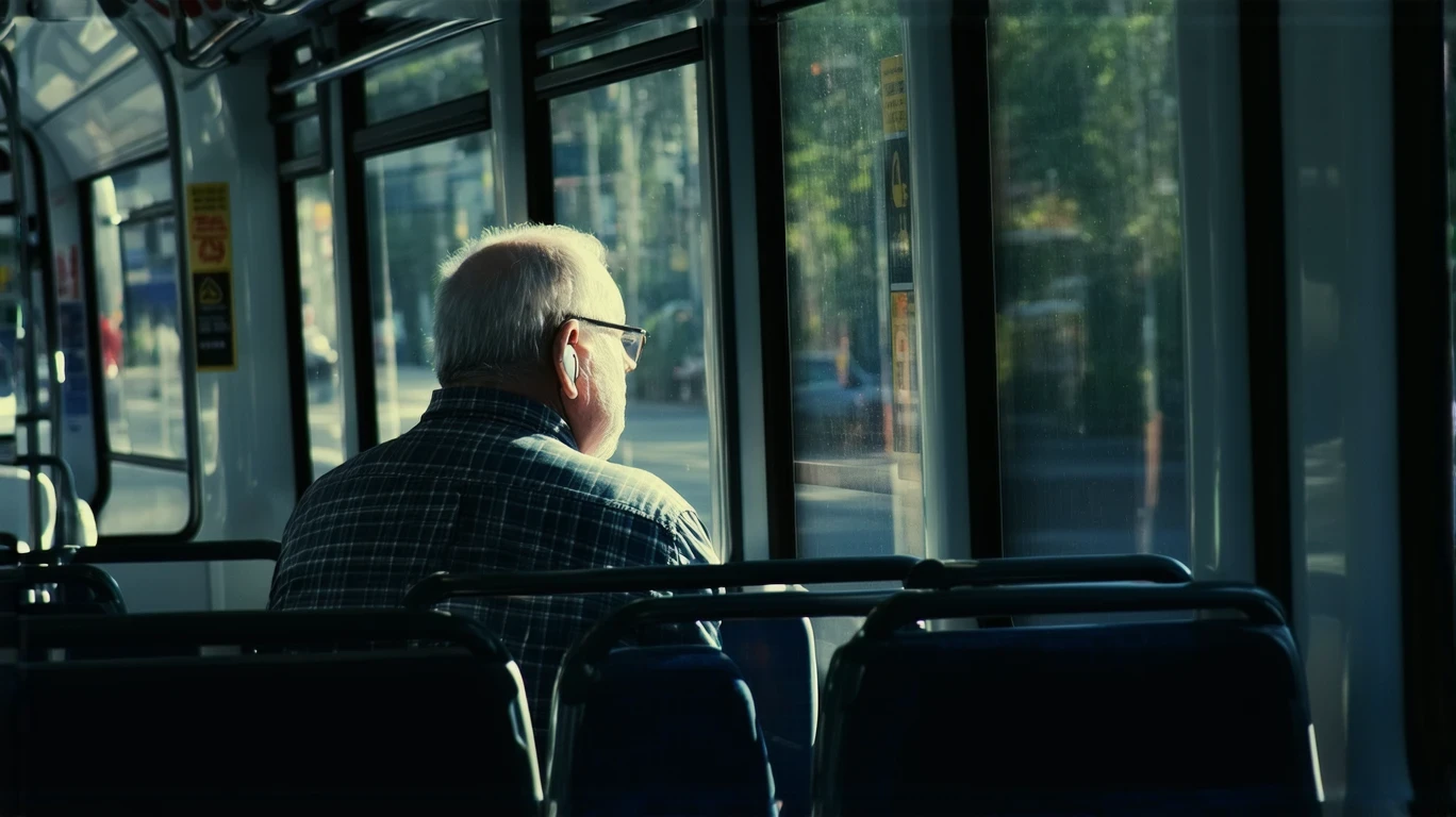Man with earbuds sitting on public bus, looking out window at passing trees reflected in glass