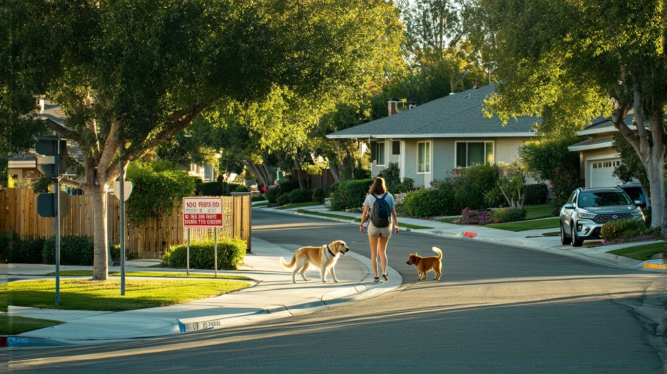 A tree-lined residential street in Jurupa Valley with a woman walking her dog past a house for rent.