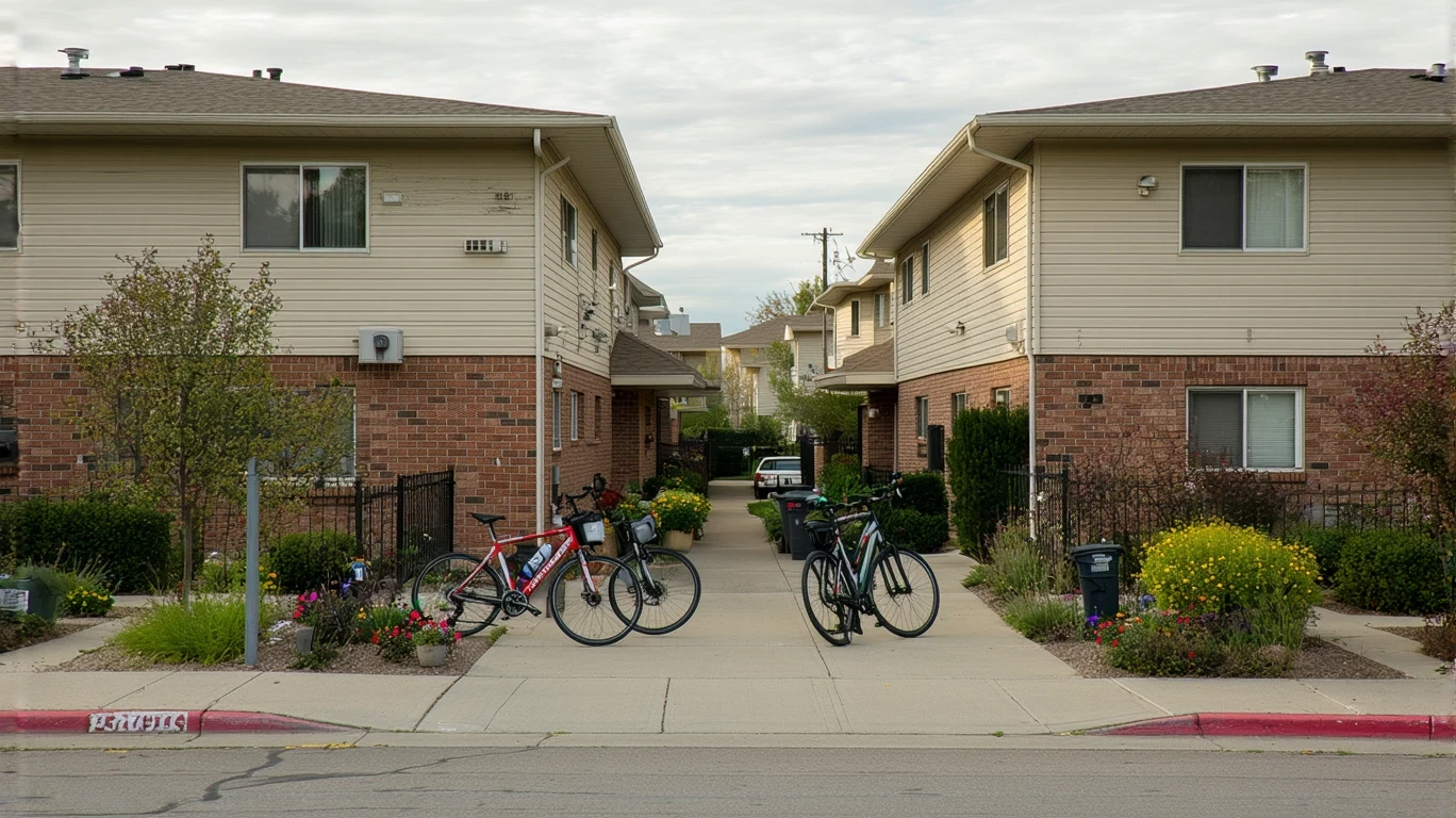 A modest apartment building with potted plants, bicycles, and shaded doorways in late afternoon light.