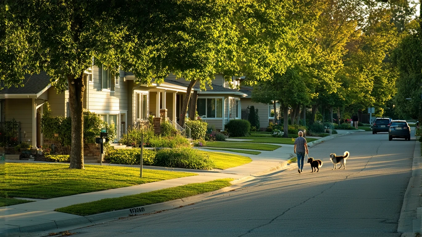 A person walking their dog on a sidewalk in a suburban neighborhood with homes visible through trees.