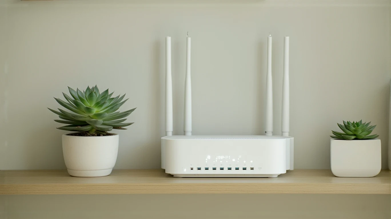 A home router and modem on a wooden shelf in a brightly lit home office corner.