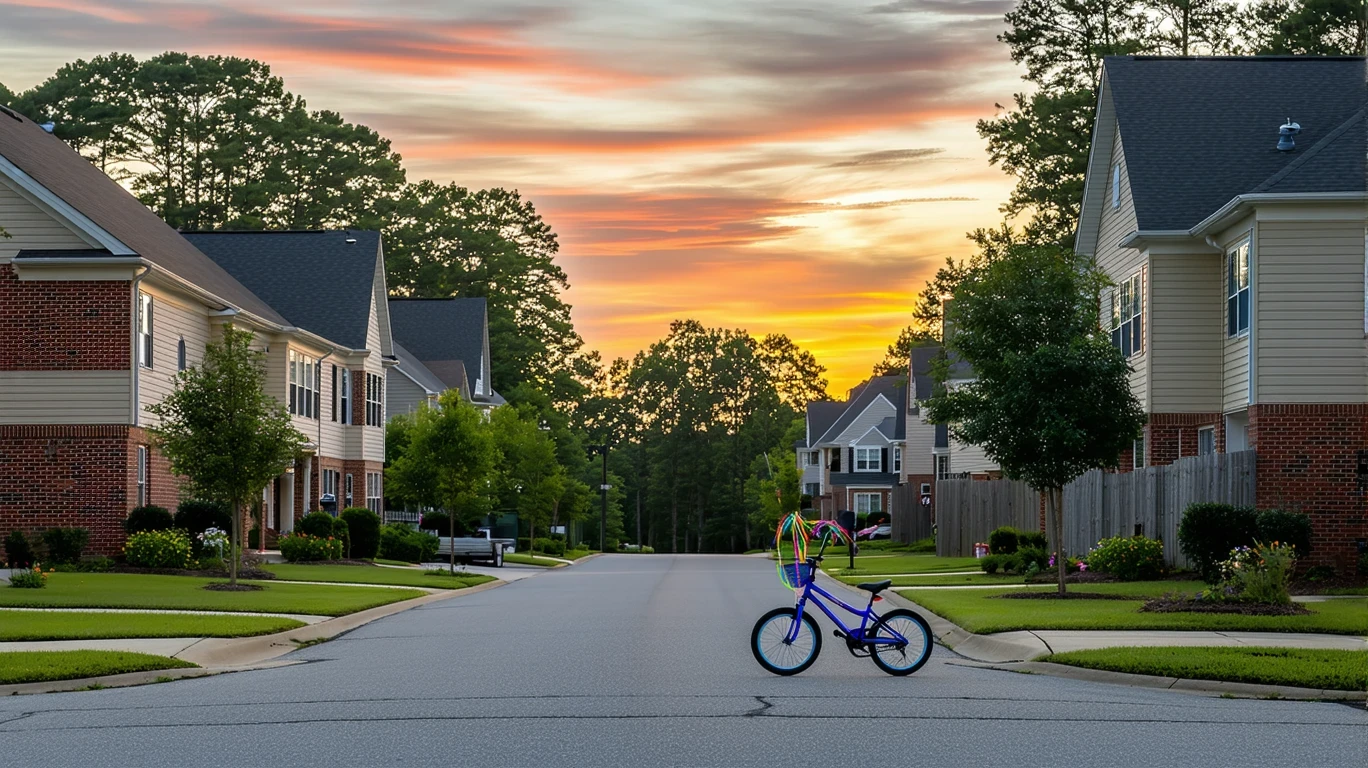 A quiet cul-de-sac in a Kennesaw suburb at dusk, with modest homes, glowing windows, a child's bicycle, and manicured lawns.