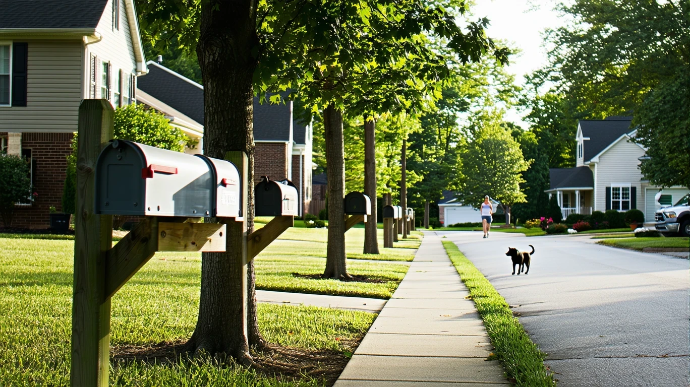Suburban sidewalk with mailboxes in Kennesaw, Georgia on a sunny day.