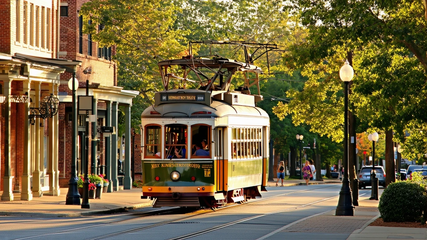 A colorful trolley bus turns onto a tree-lined street in downtown Kennesaw, Georgia on a pleasant day.