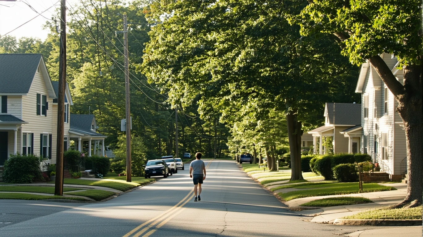 Residential street corner in Kennesaw with modest homes, patchy lawns, parked car, and a pedestrian on the sidewalk.