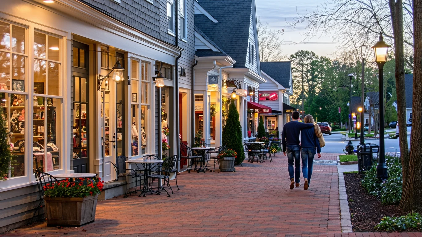 Quaint street in Alpharetta at dusk with local shops, cafe patios, and a couple walking past cottage homes nearby.