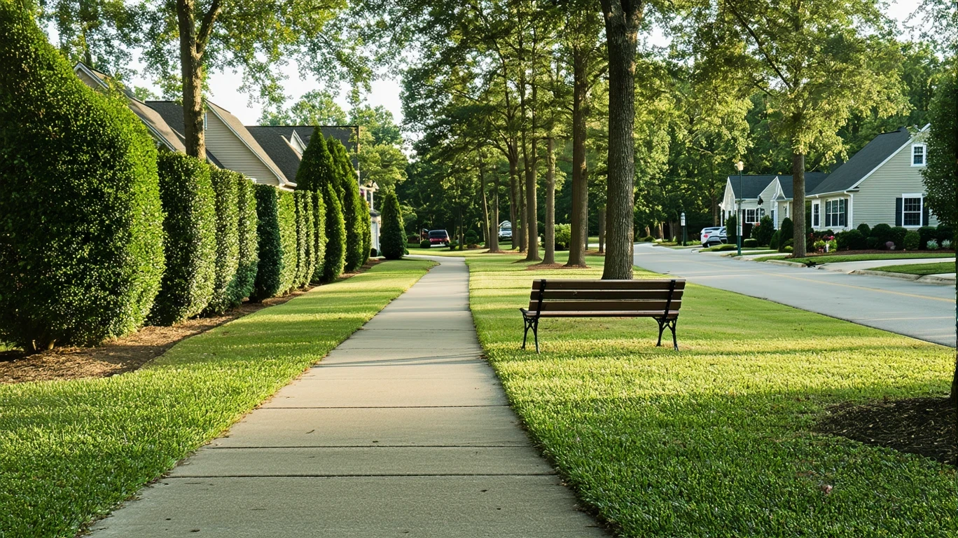 A view across a suburban street of a neighborhood park in Kennesaw, GA with a path, bench, and landscaping.