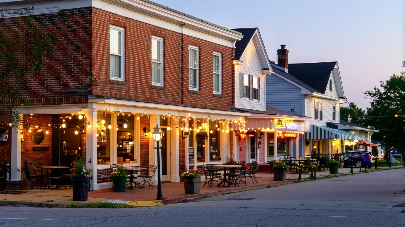 Dusk view of a walkable neighborhood street in Smyrna, GA with local shops, patio seating, and bungalow homes nearby.