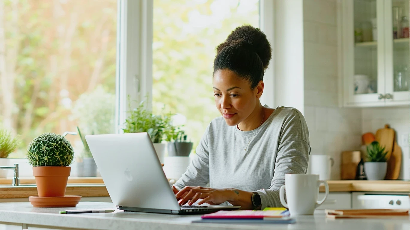 A single parent reviews their monthly budget on a laptop at their kitchen counter in a Kennesaw home.
