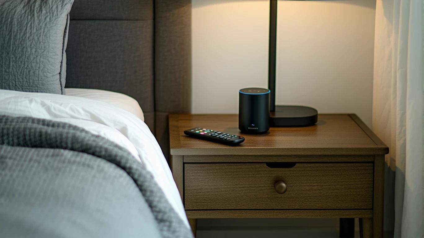 A bedroom nightstand with a remote, phone, and smart speaker.