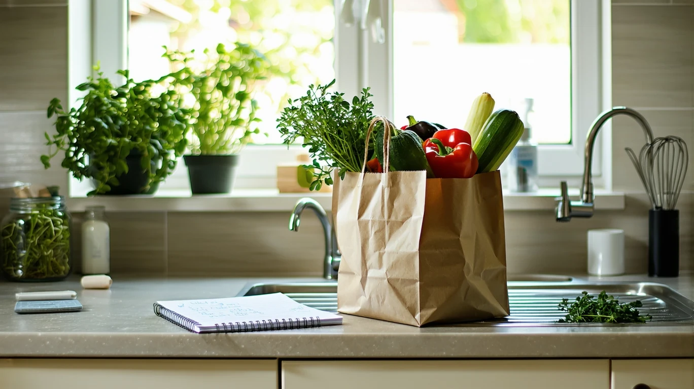 A grocery bag, shopping list, and receipts on a kitchen counter in Kennesaw, GA.