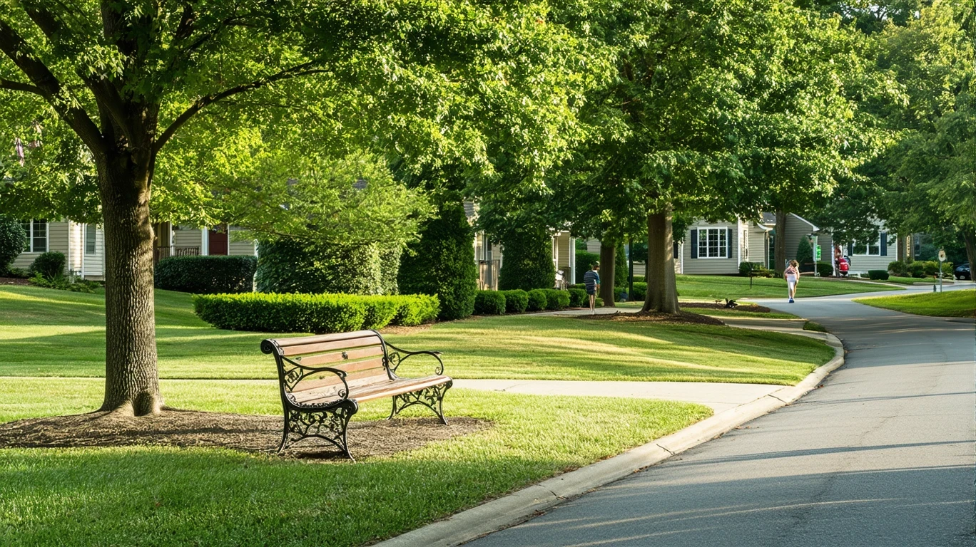 A sunny neighborhood park in Kennesaw, GA with a path, bench, and mature trees, viewed from across a suburban street.