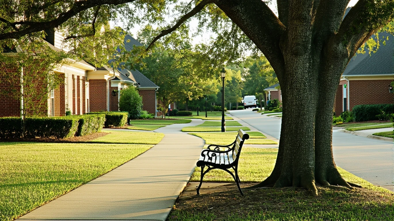 A view of a neighborhood park in Kennesaw, Georgia with a bench, path, and homes visible.