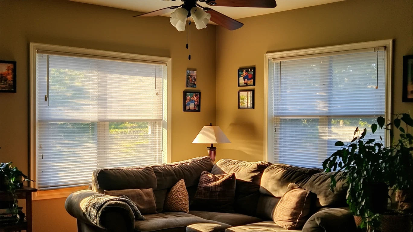 A person's hand tilting blinds in a sunlit living room with a spinning ceiling fan.