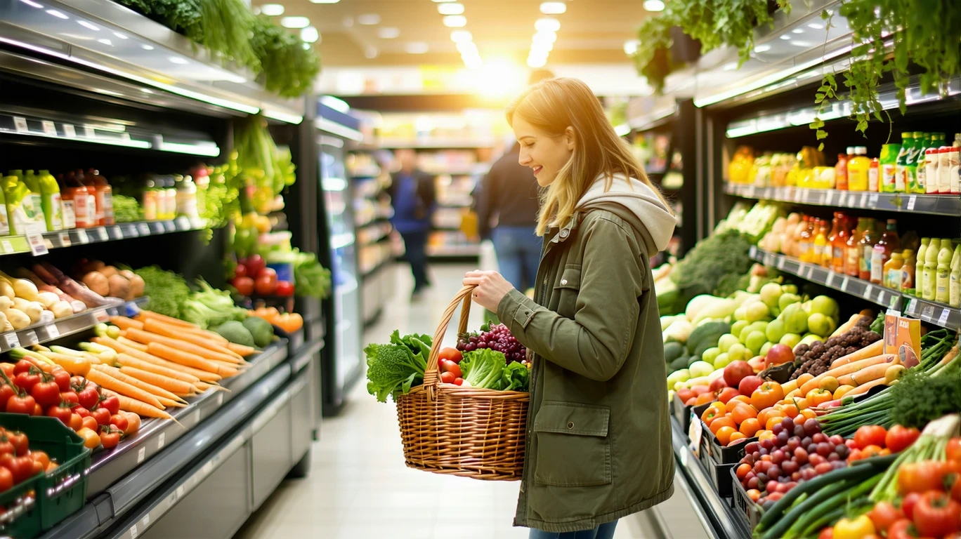 A woman shopping for produce in a grocery store aisle, comparing prices while holding a basket of fresh vegetables and fruit.