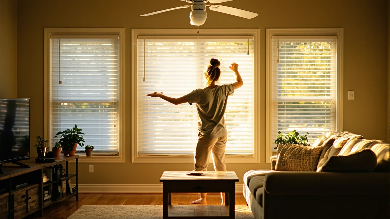 Person adjusting blinds in a sunlit living room with a ceiling fan and couch.