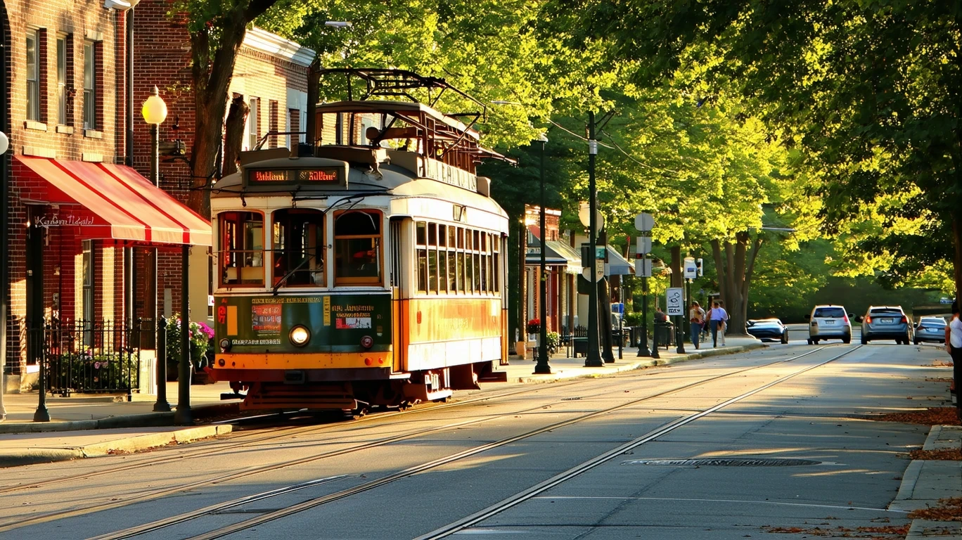 A trolley bus turning onto a tree-lined downtown street in Knightdale, North Carolina on a sunny day.