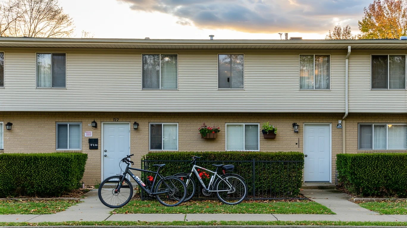 A small apartment building with potted plants by the doors and two bicycles leaning on the railing.