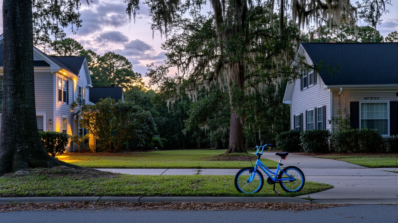 A quiet suburban cul-de-sac in Knightdale, North Carolina at dusk, with porch lights illuminating neatly kept homes and a child's bicycle lying near the curb.