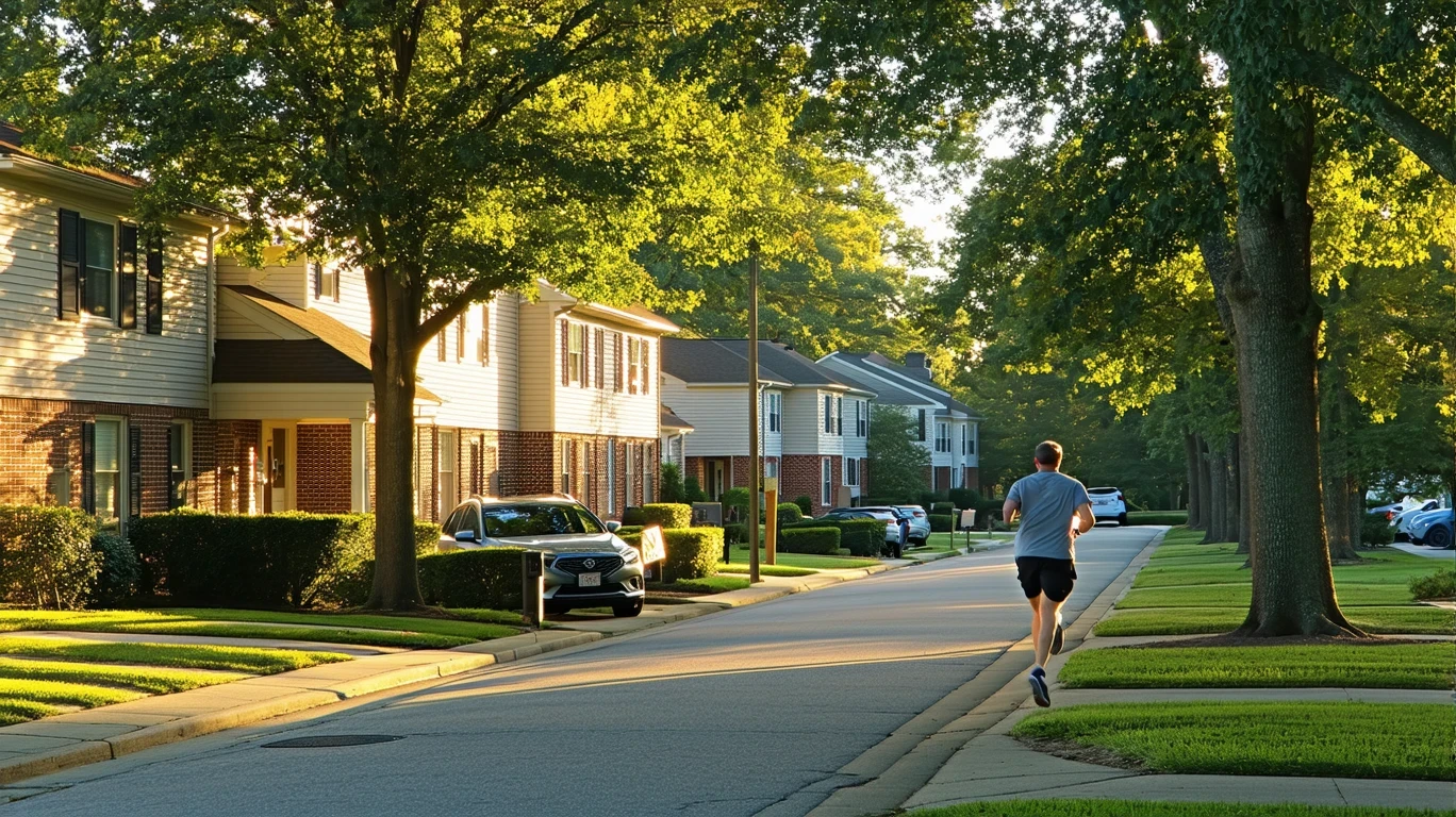 A tree-lined residential street in Knightdale, NC with one-story homes and a jogger on the sidewalk.